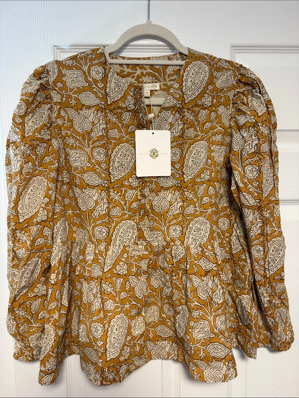 Women's Mustard Paisley Long-Sleeve Peasant Blouse